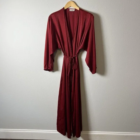 Natori Robe Womens Medium Red Kimono Maxi Wrap Belted Loungewear Boho Elegant - Picture 1 of 6